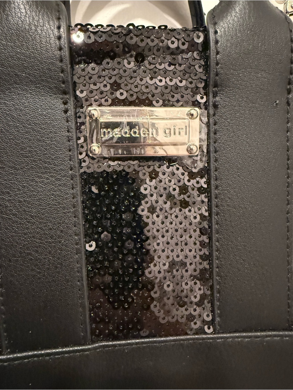 Madden Girl Black Sequin Accent Mini Handbag with Shoulder Strap